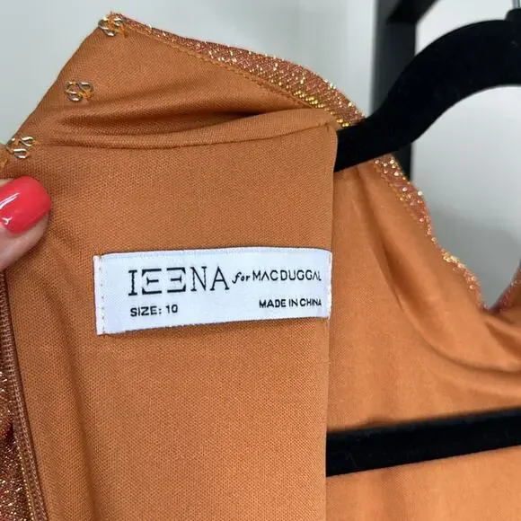 NWT IEENA for MAC DUGGAL 11248 Rust Draped Glitter High Neck Puff Sleeve Gown